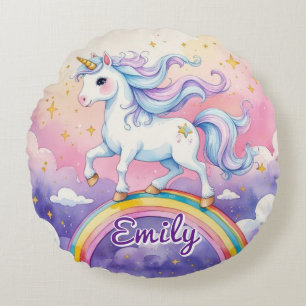 Unicorn on Rainbow Editable Name Round Pillow