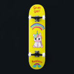 Unicorn on skateboard with personalised captions<br><div class="desc">Unicorn on skateboard with personalised captions Unicorn Personalised Skateboard CLICK on PERSONALIZE TEMPLATE OPTION AND ENTER the NAME. you can also custom other caption. Cool skateboard designed with vivid colours and for the background and a funky unicorn riding a skateboard. This Skateboard makes a great gift idea for a unicorn...</div>
