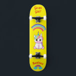 Unicorn on skateboard with personalised captions<br><div class="desc">Unicorn on skateboard with personalised captions Unicorn Personalised Skateboard CLICK on PERSONALIZE TEMPLATE OPTION AND ENTER the NAME. you can also custom other caption. Cool skateboard designed with vivid colours and for the background and a funky unicorn riding a skateboard. This Skateboard makes a great gift idea for a unicorn...</div>