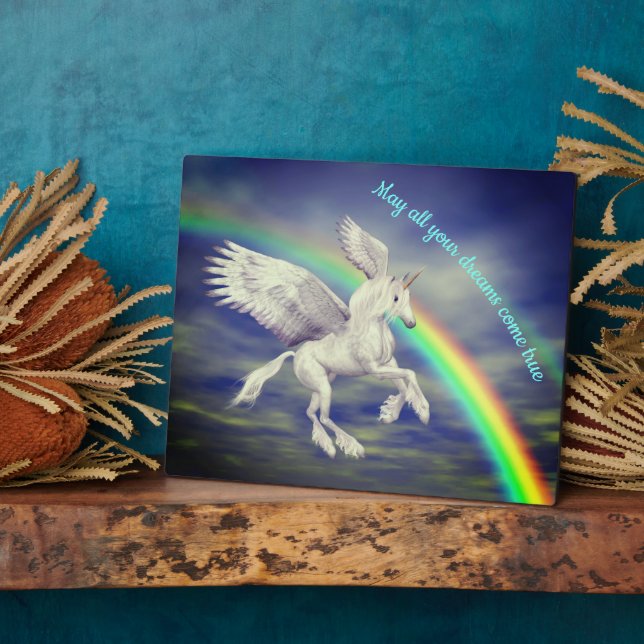 Unicorn Over Rainbow Dreams Inspirational Plaque (Side)