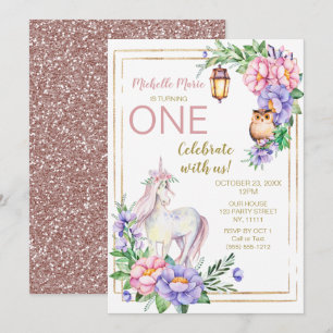 Unicorn Owl Watercolor Floral Pink Glitter Invitation