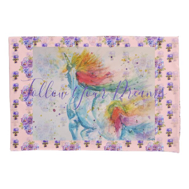 Unicorn Painting Dreams Pink Floral Pillowcase (Front)
