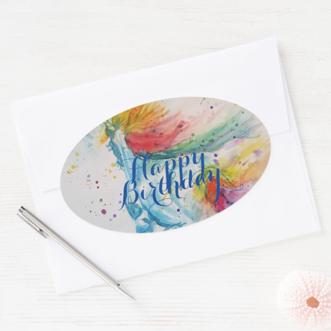 Unicorn Painting Happy Birthday Watercolour Art Oval Sticker (Envelope)
