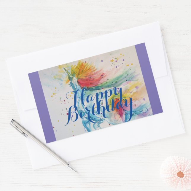 Unicorn Painting Happy Birthday Watercolour Art Re Rectangular Sticker (Envelope)