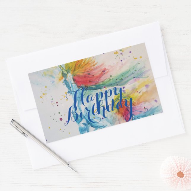 Unicorn Painting Happy Birthday Watercolour Art Rectangular Sticker (Envelope)