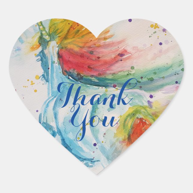 Unicorn Painting Happy Watercolour Thank You Heart Sticker (Front)