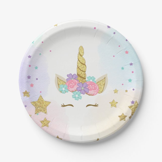 Unicorn Paper Plates Pink Gold Magical Birthday (Front)