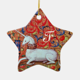 UNICORN PARCHMENT STAR MONOGRAM,RED RUBY GEMSTONE CERAMIC TREE DECORATION