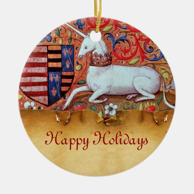 UNICORN PARCHMENT WITH RED RUBY GEMSTONE CERAMIC TREE DECORATION (Front)