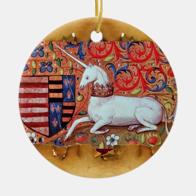 UNICORN PARCHMENT WITH RED RUBY GEMSTONE CERAMIC TREE DECORATION (Front)