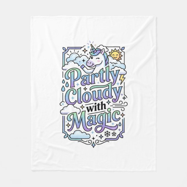 Unicorn Partly Cloudy with Magic Commercial Vector Fleece Blanket (Front)