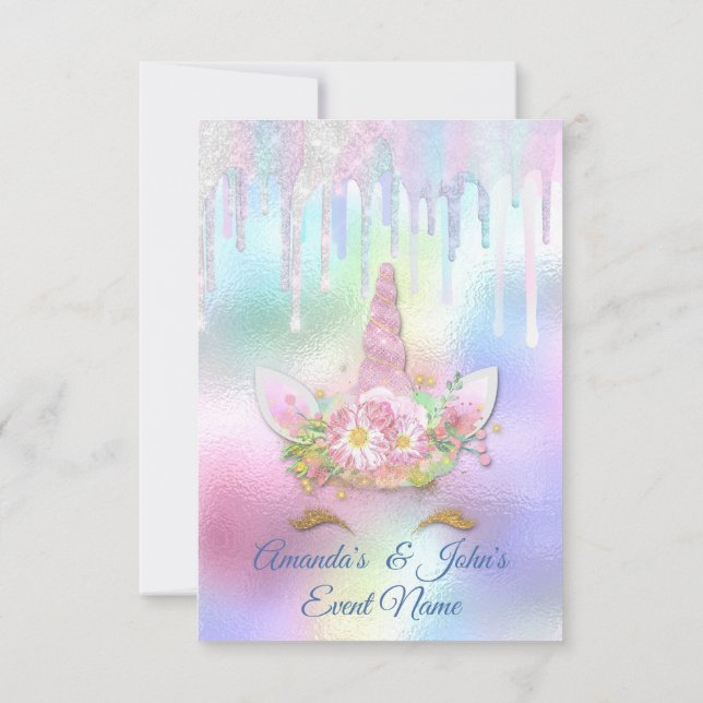 Unicorn Party 1th 2th Baby Holograph Pink Pastel Invitation (Back)