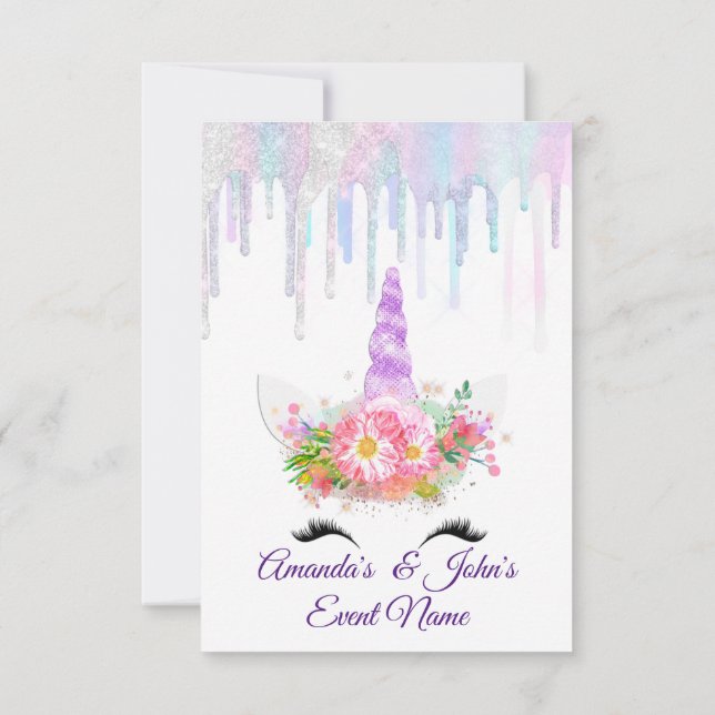 Unicorn Party 1th 2th Baby Holograph Pink Purple Invitation (Back)