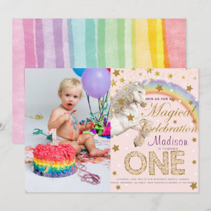 Unicorn Party First Birthday Photo Invitation