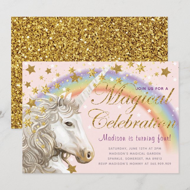 Unicorn Party Gold Magical Birthday Invitation (Front/Back)