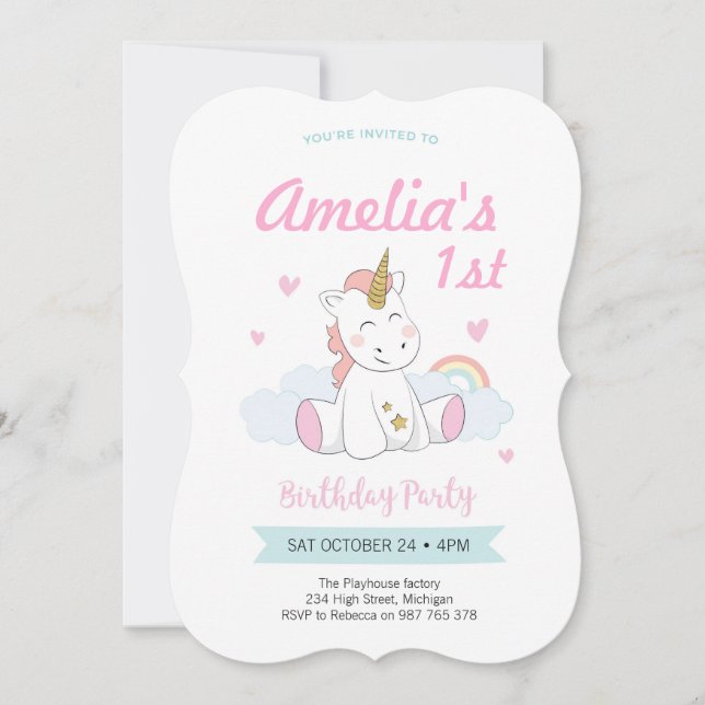 Unicorn Party Invitation, First birthday Invitation (Front)