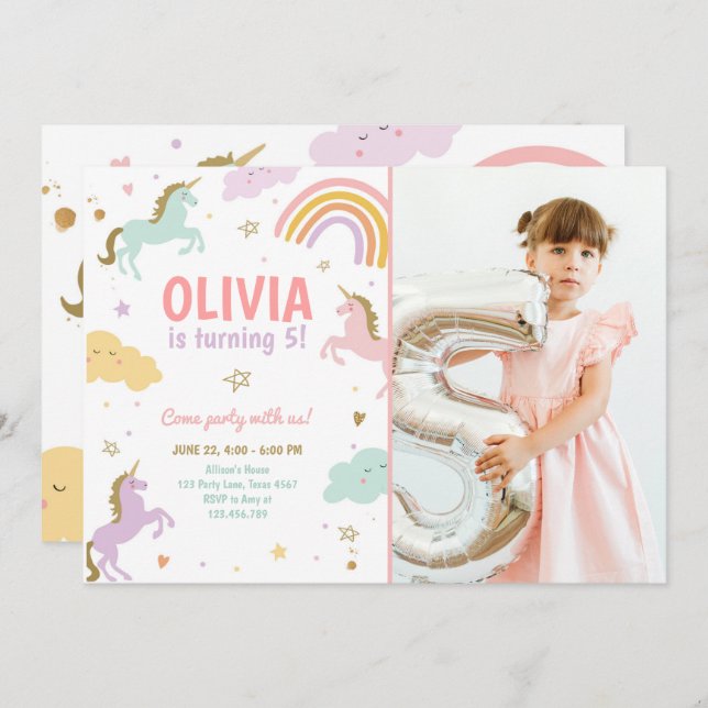 Unicorn Party Magical Rainbow Unicorn Birthday Inv Invitation (Front/Back)