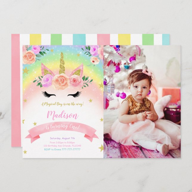 Unicorn Party Photo Invitation (Front/Back)