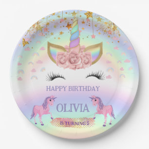 Unicorn party Rainbow 1st Birthday whimsical girl Paper Plate