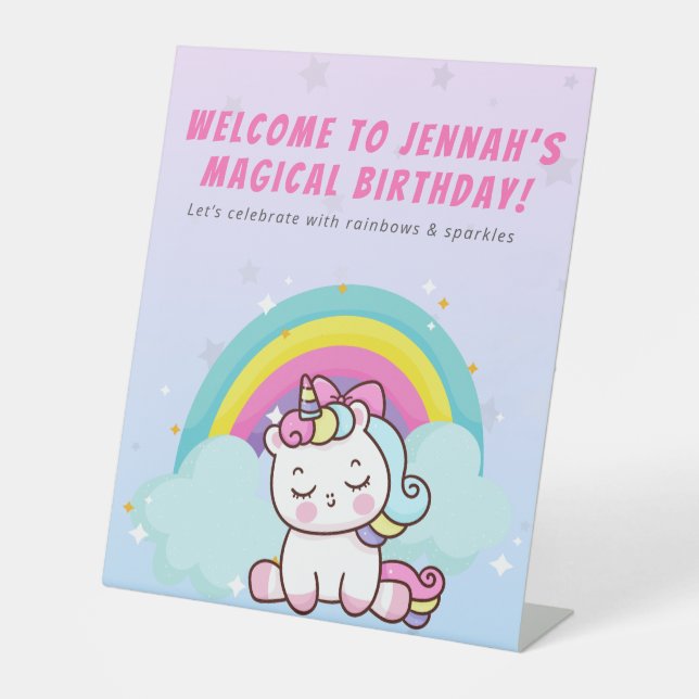 Unicorn Party Round Sticker Pedestal Sign (Front)