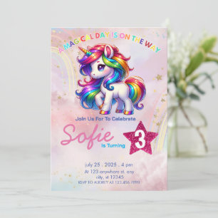 Unicorn  Party Theme Rainbow 3rd Birthday  Invitation
