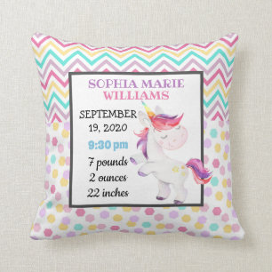 Unicorn Pastel Birth Stats Baby Announcement Girl Cushion