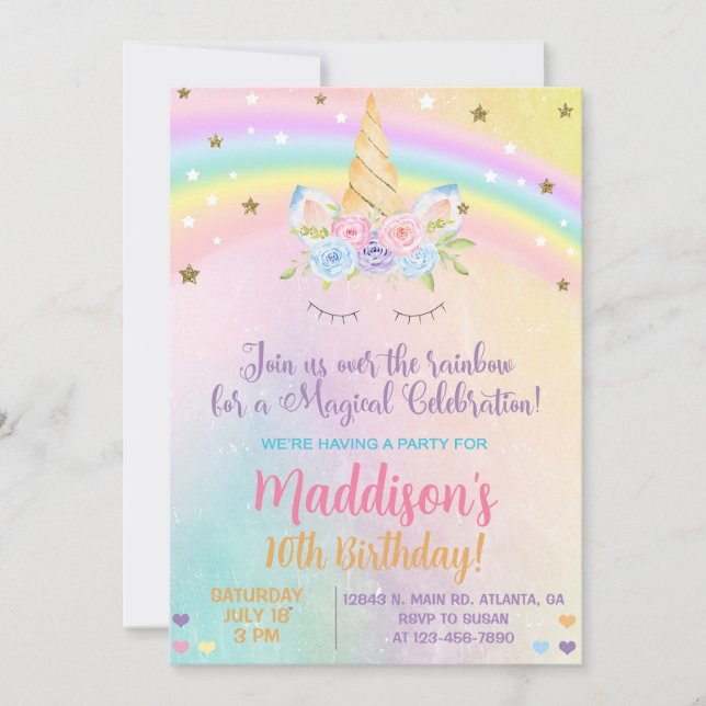 Unicorn pastel colours Girl Birthday invite. Invitation (Front)