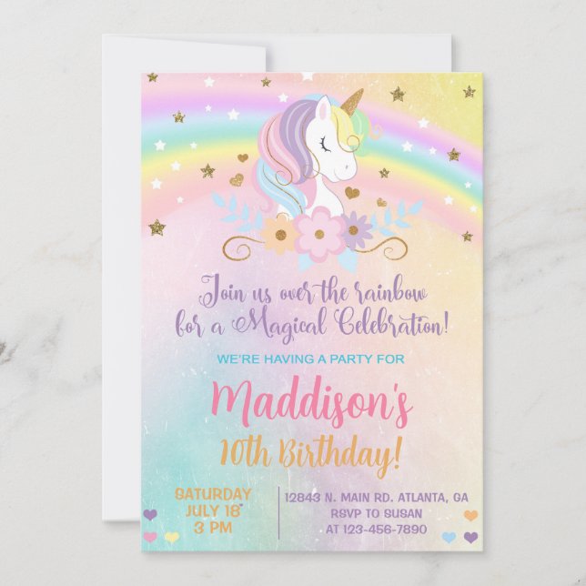 Unicorn pastel colours Girl Birthday invite. Invitation (Front)