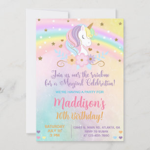 Unicorn pastel colours Girl Birthday invite. Invitation