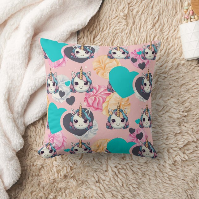 Unicorn Pastel Heart Print Cushion (Blanket)