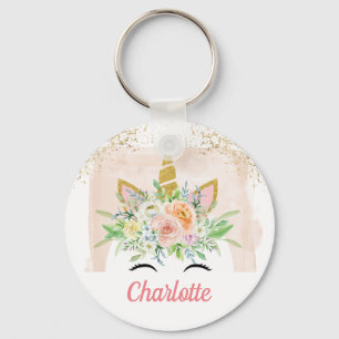 unicorn pastel pink ang sparkling gold custom name key ring