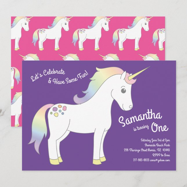 Unicorn Pastel Rainbow 1st Birthday Party Invitation (Front/Back)