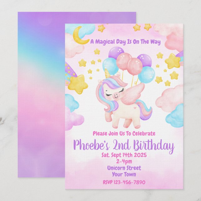 Unicorn Pastel Rainbow Birthday Party Invitation (Front/Back)