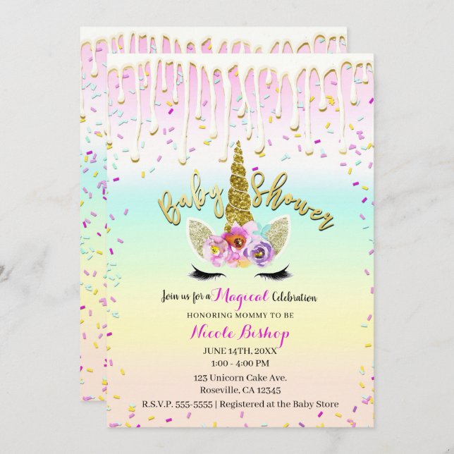 Unicorn Pastel Rainbow Frosting Drip Baby Shower Invitation (Front/Back)