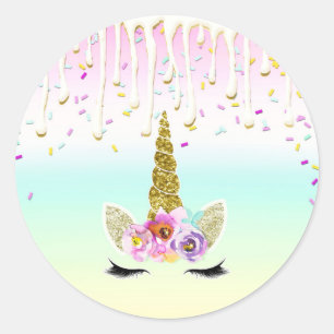 Unicorn Pastel Rainbow Frosting Drip Birthday Classic Round Sticker