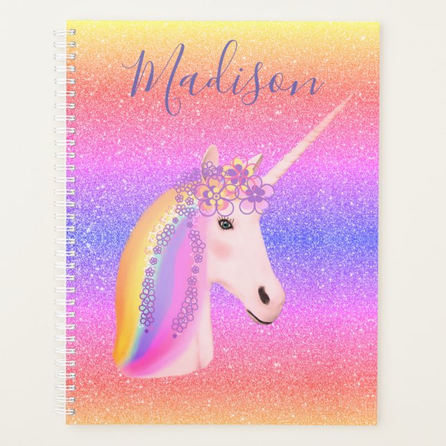 Unicorn Pastel Rainbow Glitter Personalised Planner (Front)