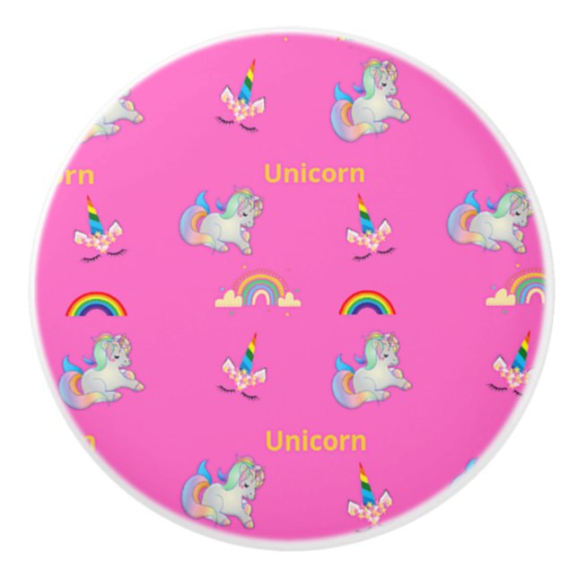 Unicorn pattern on pink ceramic knob (Front)