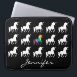 Unicorn Pattern Personalised Black White Girls Laptop Sleeve<br><div class="desc">Unicorn Pattern Personalised Black and White Silhouette Girls Neoprene Laptop Sleeve. A pretty pattern of white unicorn silhouettes on black background. Red, orange, yellow, green, blue and purple colours for the centre unicorn in a rainbow watercolor design. Personalise this custom laptop case with name in beautiful script font underneath the...</div>