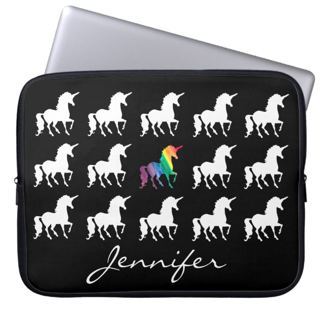 Unicorn Pattern Personalised Black White Girls Laptop Sleeve (Front)