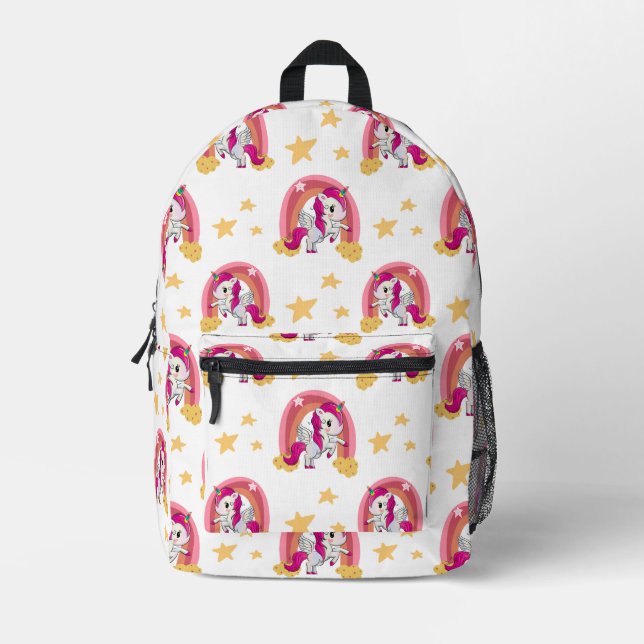Unicorn Pattern White Printed Backpack (Front)
