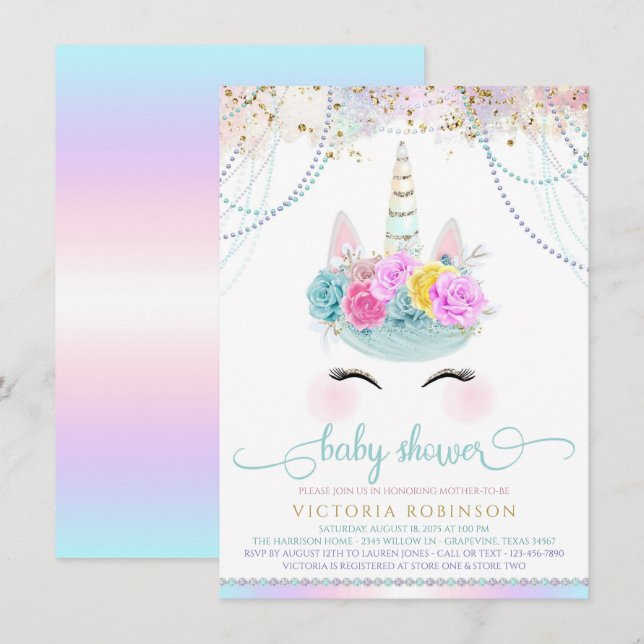 Unicorn Pearl Girl Unicorn Baby Shower Invitation (Front/Back)