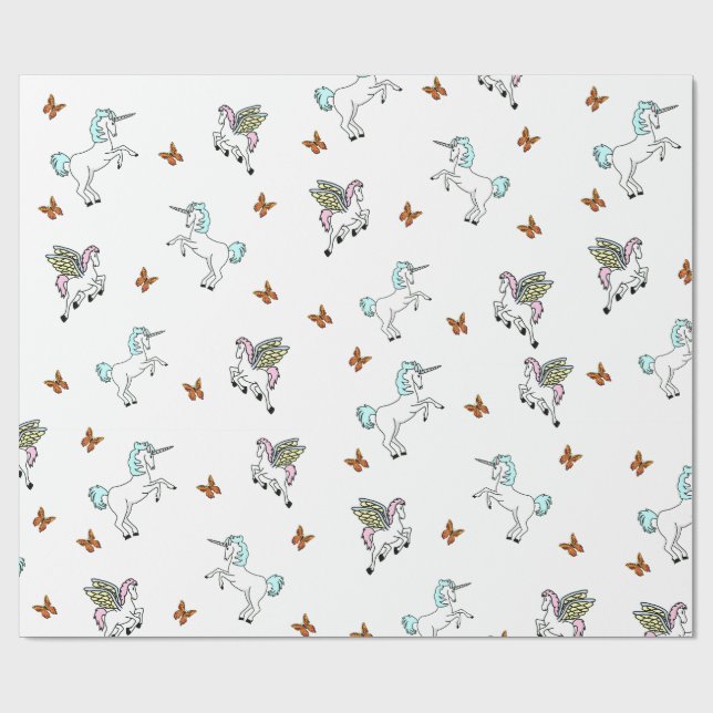 Unicorn Pegasus And Butterflies Wrapping Paper (Flat)