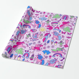 unicorn pegasus horse rainbow doodle wrapping paper