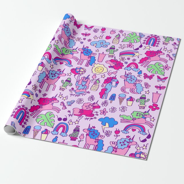 unicorn pegasus horse rainbow doodle wrapping paper (Unrolled)