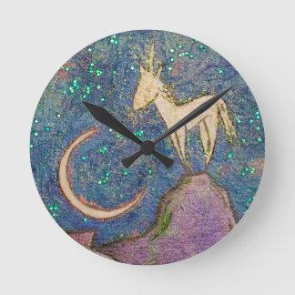 Unicorn Perched on a Mountain Looking at the Moon Round Clock