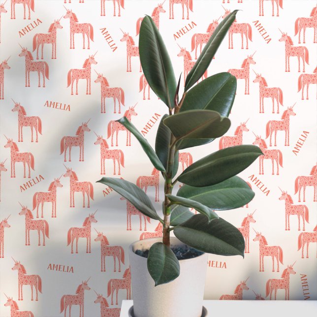 Unicorn Personalised Name Pink Wallpaper (Personalized custom name pink unicorn peel and stick wallpaper for a nursery, baby or girl’s room)