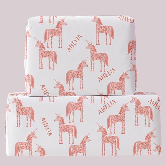 Unicorn Personalised Name Pink Wrapping Paper (Personalized custom name pink unicorn pattern gift wrapping paper)