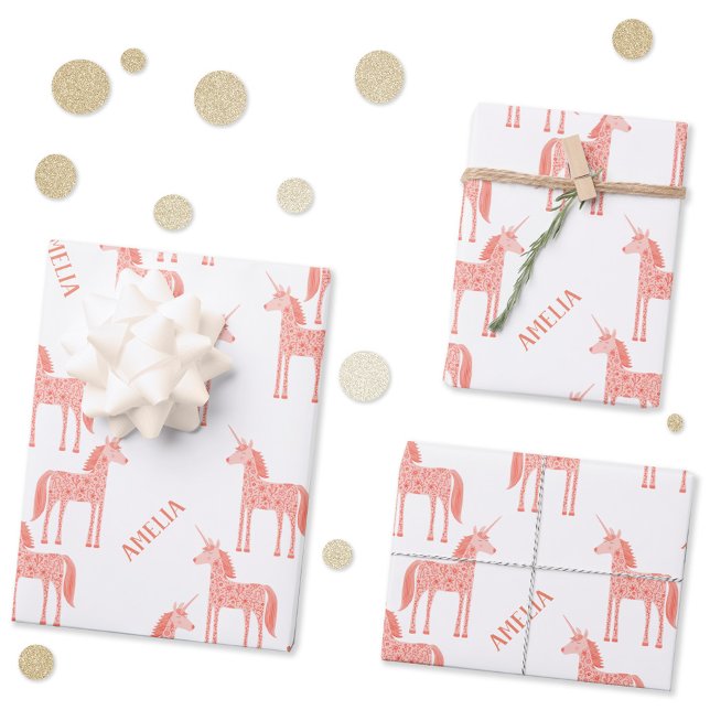 Unicorn Personalised Name Pink Wrapping Paper Sheet (Personalized custom name pink unicorn pattern gift wrapping paper sheets)