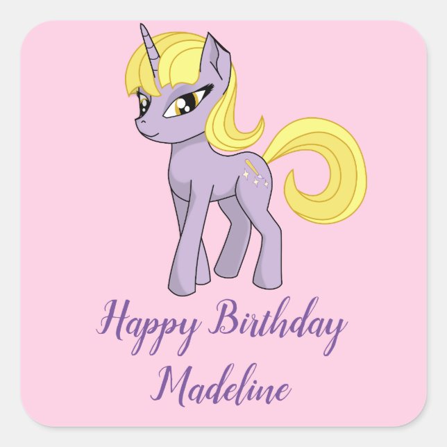 Unicorn Personalised Pink Birthday Napkins Girl Square Sticker (Front)