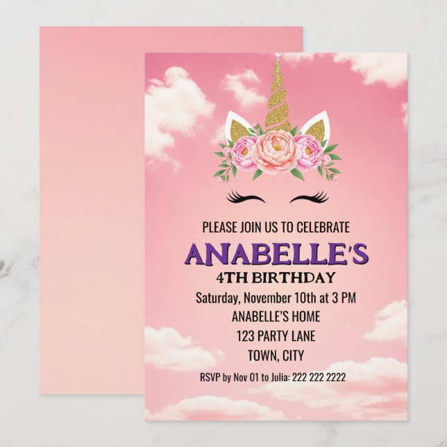 Unicorn Personalized Magical Birthday Invitation   (Front/Back)